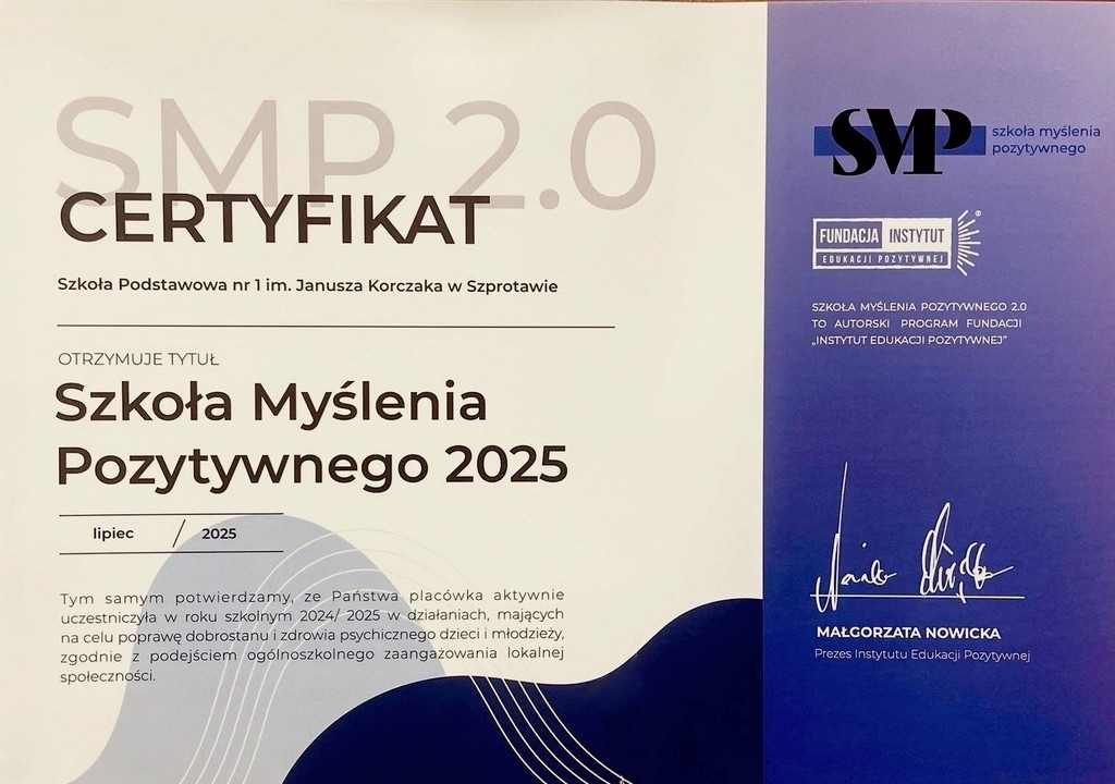 Certyfikat Szkoły Myślenia Pozytywnego 2025
