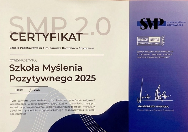 Certyfikat Szkoły Myślenia Pozytywnego 2025